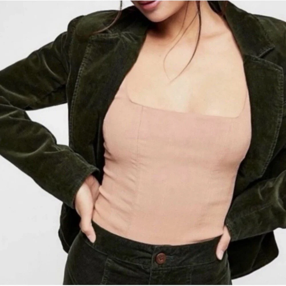 Free People Shes A Catch Bodysuit Top Sz S Nude Square Neck Sheer Back Stretch